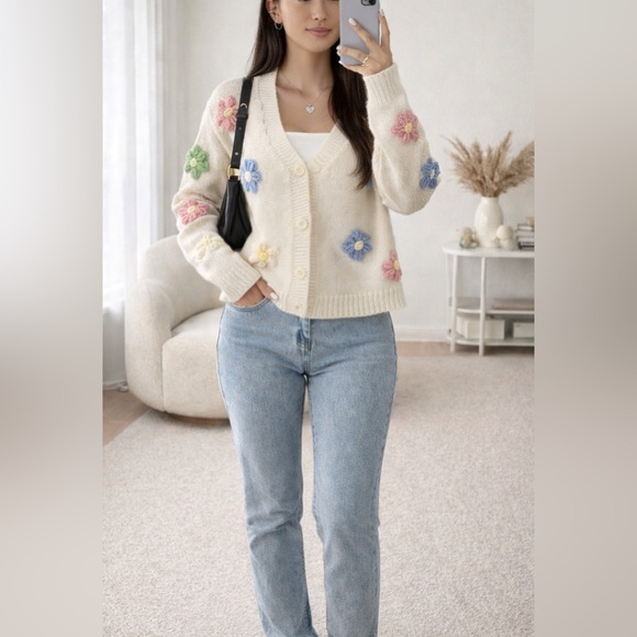 Sweaters - NEW Blossom Knit Cardigan Cream FloralButton-Up SweaterEmbroidered Cardigan